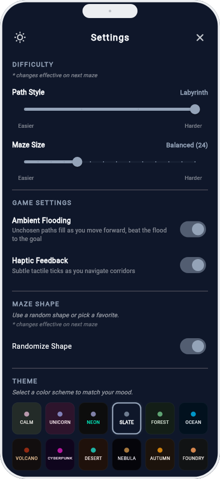 Mazefulness app screenshot 6 of 6 (iphone, dark theme)
